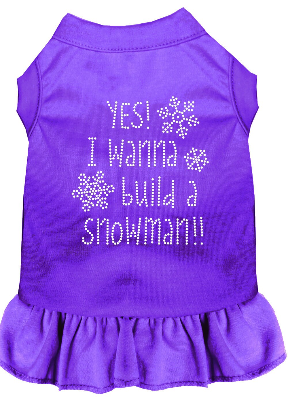 A festive Christmas dress for dogs and cats featuring rhinestones and the phrase 'Yes! I Want To Build A Snowman', designed for comfort and style.