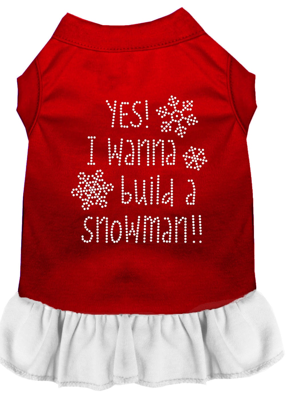 A festive Christmas dress for dogs and cats featuring rhinestones and the phrase 'Yes! I Want To Build A Snowman', designed for comfort and style.