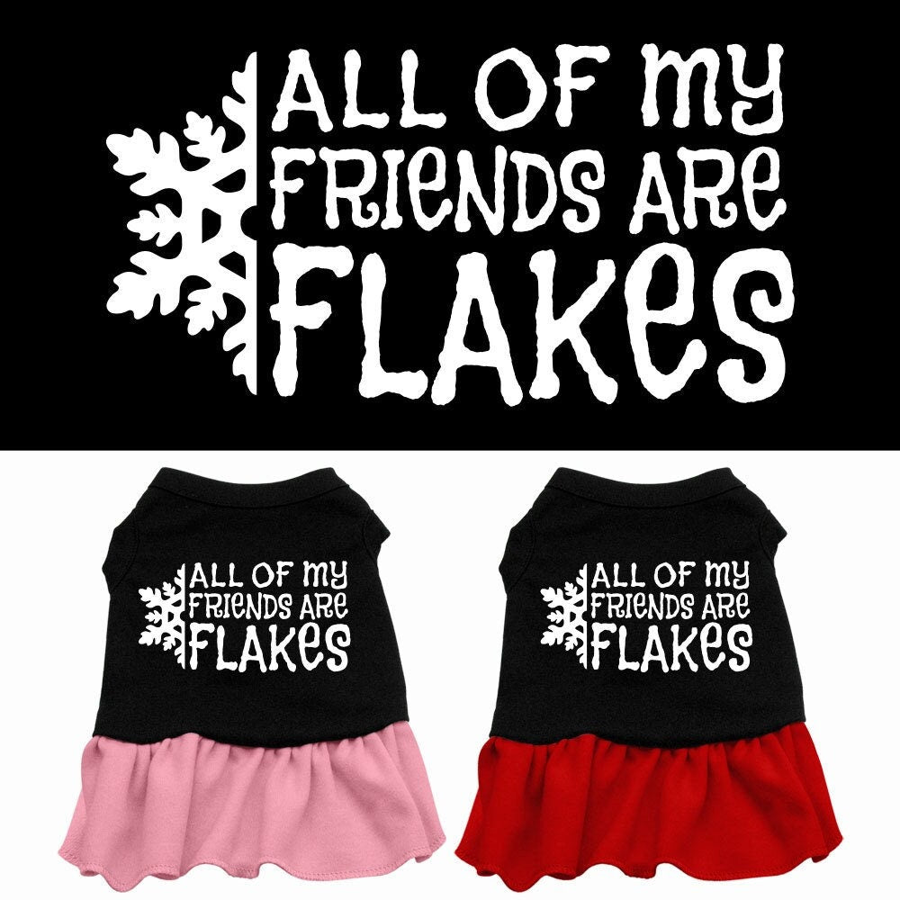 A festive Christmas dress for dogs and cats, featuring the screen-printed phrase 'All Of My Friends Are Flakes' in a vibrant design.