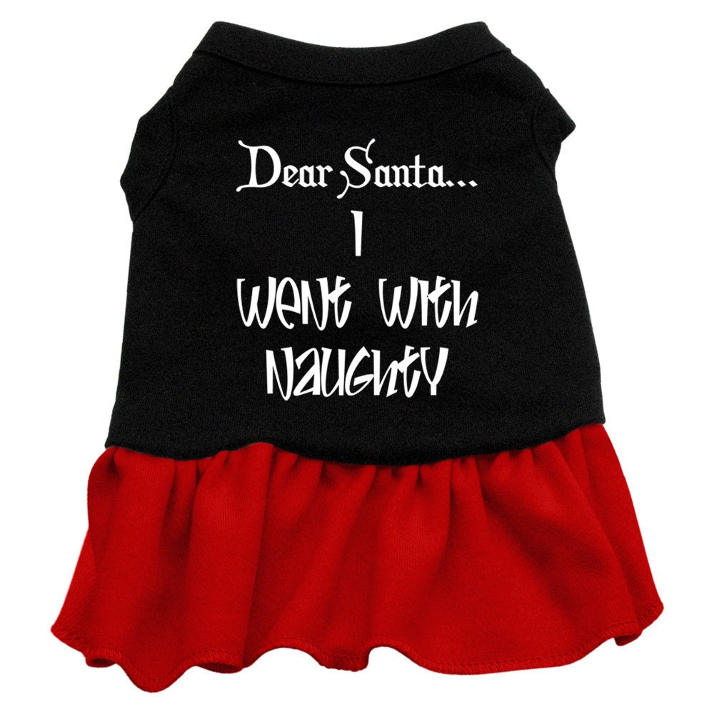 A cute Christmas dress for dogs and cats, featuring a screen-printed message 'Dear Santa, I Went With Naughty' in festive colors.