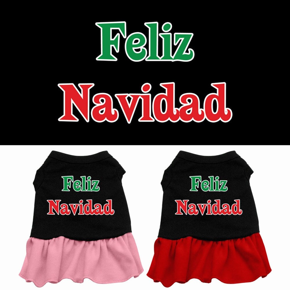 A festive Christmas dress for pets featuring 'Feliz Navidad' print, designed for dogs and cats with a cute ruffle at the bottom.