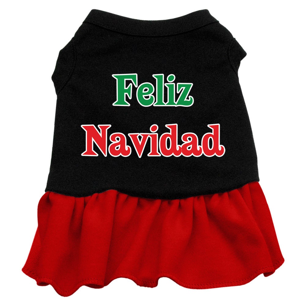 A festive Christmas dress for pets featuring 'Feliz Navidad' print, designed for dogs and cats with a cute ruffle at the bottom.