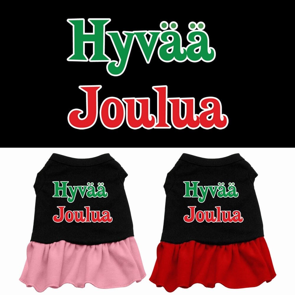 A festive Christmas dress for dogs and cats, featuring a screen-printed 'Hyvaa Joulua' design, made from soft cotton-polyester blend.