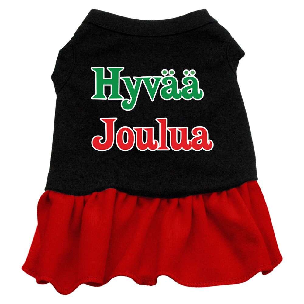 A festive Christmas dress for dogs and cats, featuring a screen-printed 'Hyvaa Joulua' design, made from soft cotton-polyester blend.