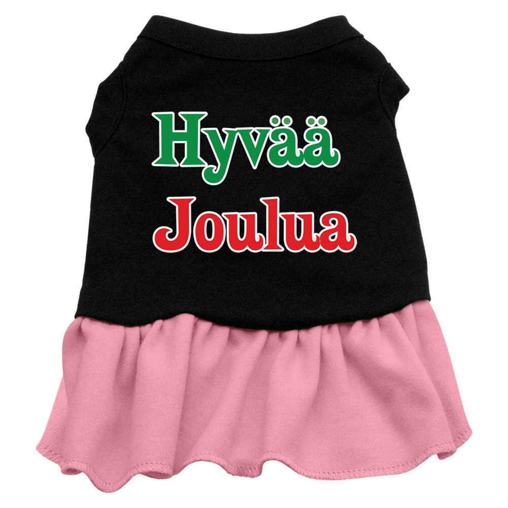 A festive Christmas dress for dogs and cats, featuring a screen-printed 'Hyvaa Joulua' design, made from soft cotton-polyester blend.