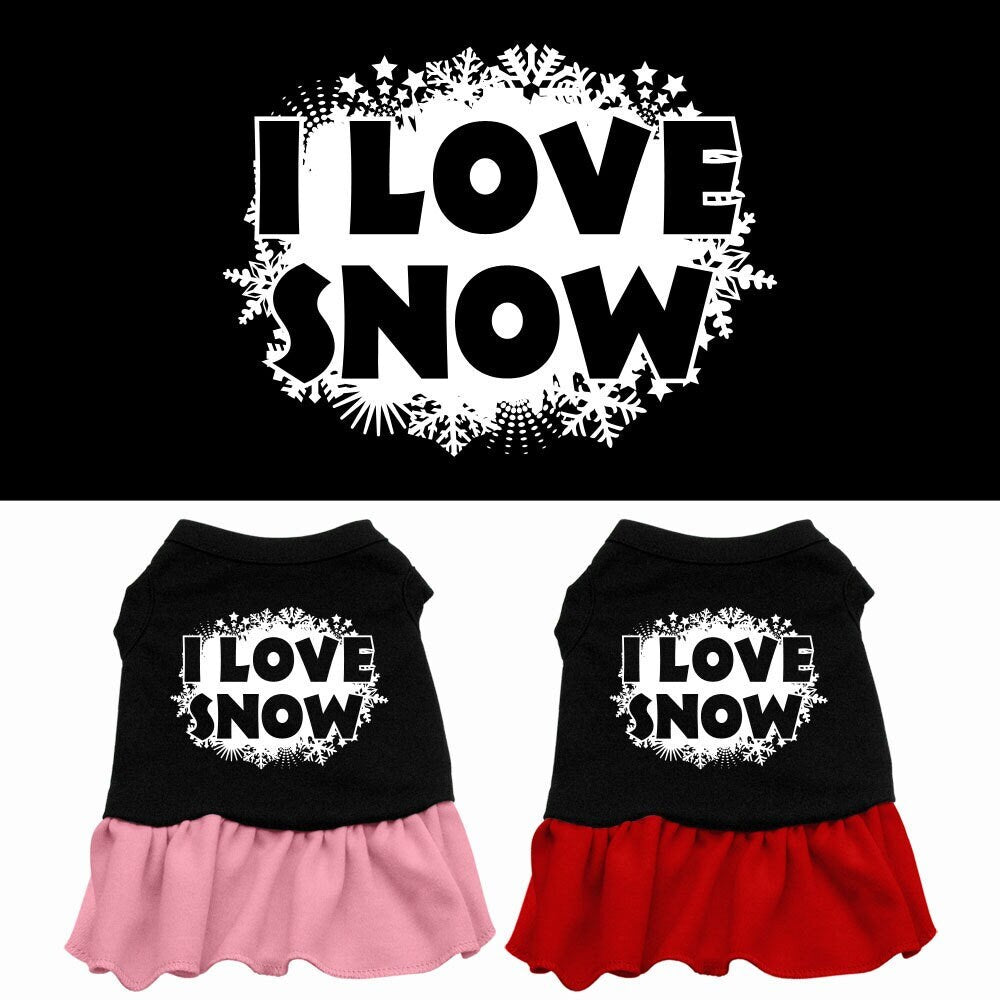 A festive Christmas dress for dogs and cats, featuring a screen-printed design that says 'I Love Snow', made from soft cotton and polyester blend.