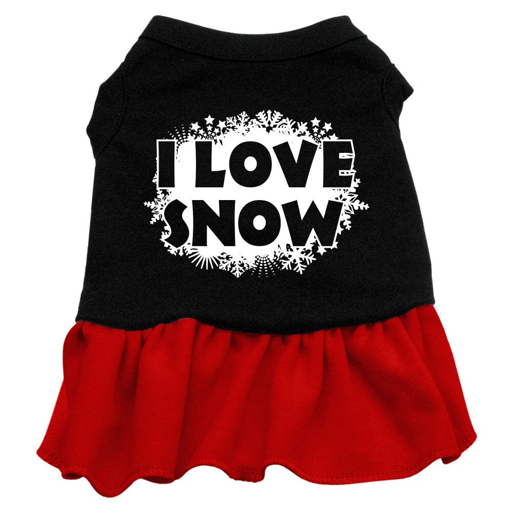 A festive Christmas dress for dogs and cats, featuring a screen-printed design that says 'I Love Snow', made from soft cotton and polyester blend.
