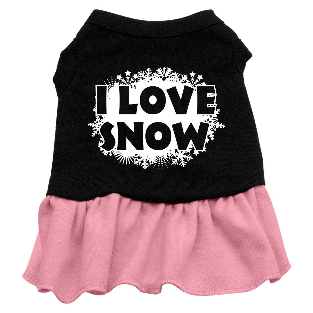 A festive Christmas dress for dogs and cats, featuring a screen-printed design that says 'I Love Snow', made from soft cotton and polyester blend.