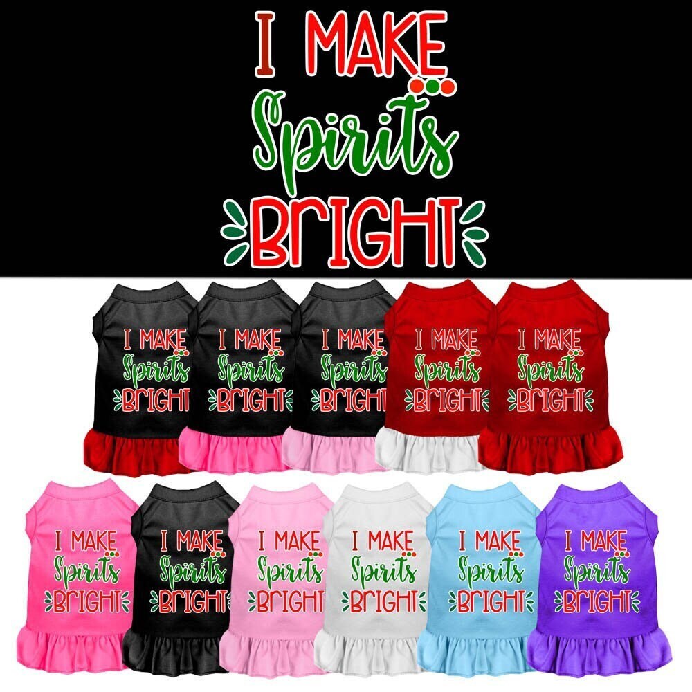 A festive Christmas dress for dogs and cats, featuring the slogan 'I Make Spirits Bright' in vibrant colors, designed for comfort and style.