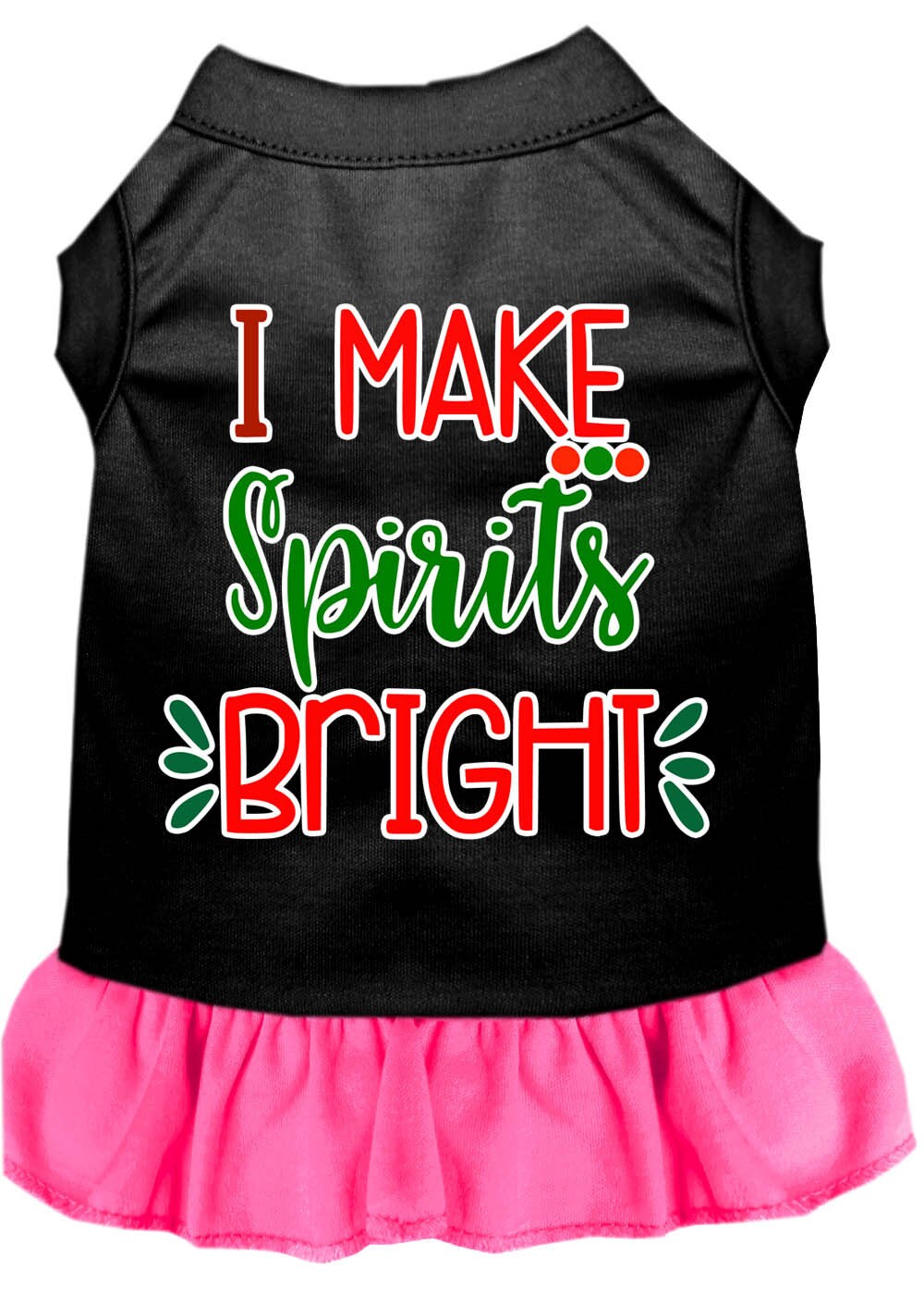 A festive Christmas dress for dogs and cats, featuring the slogan 'I Make Spirits Bright' in vibrant colors, designed for comfort and style.