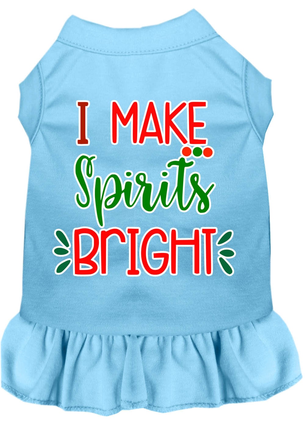 A festive Christmas dress for dogs and cats, featuring the slogan 'I Make Spirits Bright' in vibrant colors, designed for comfort and style.