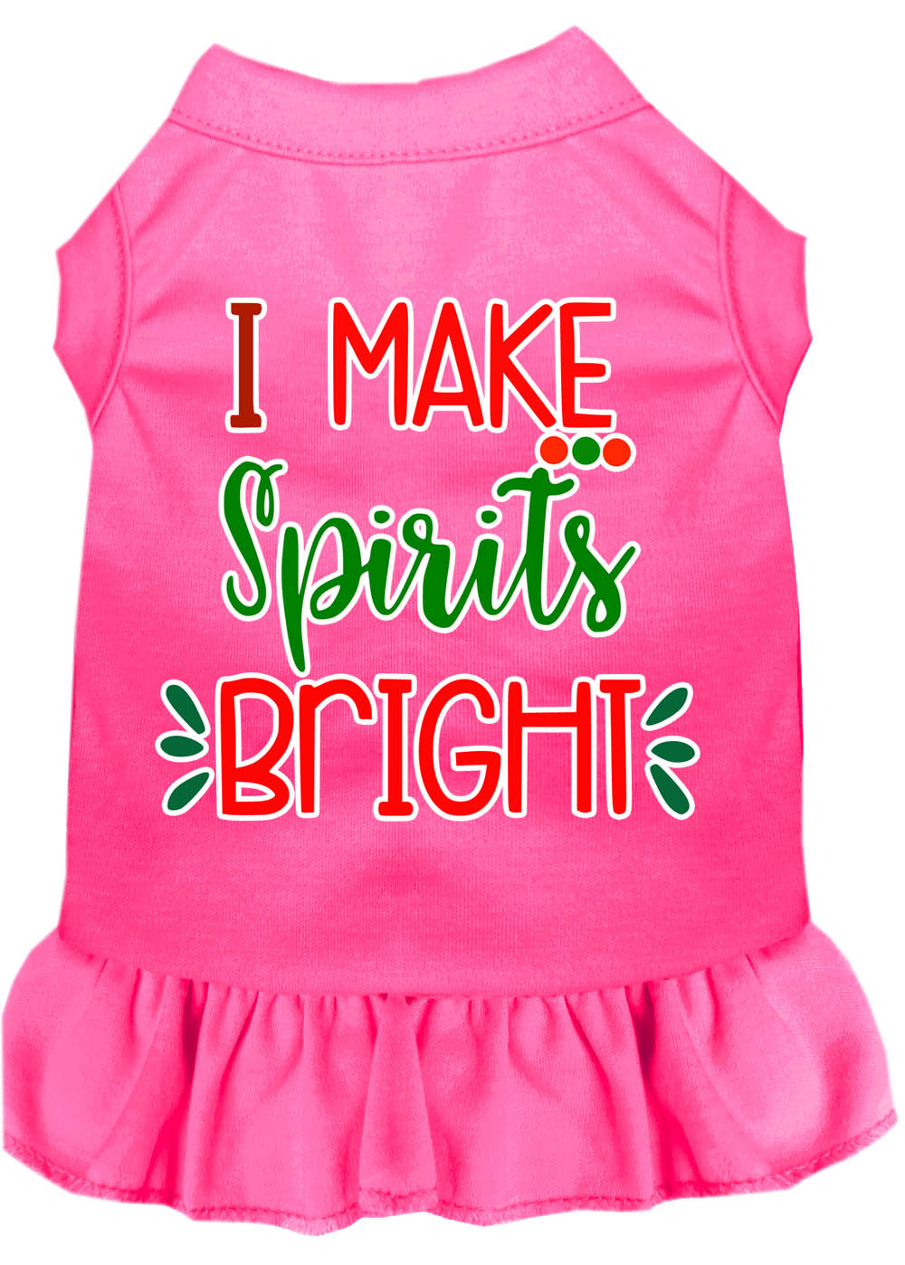 A festive Christmas dress for dogs and cats, featuring the slogan 'I Make Spirits Bright' in vibrant colors, designed for comfort and style.