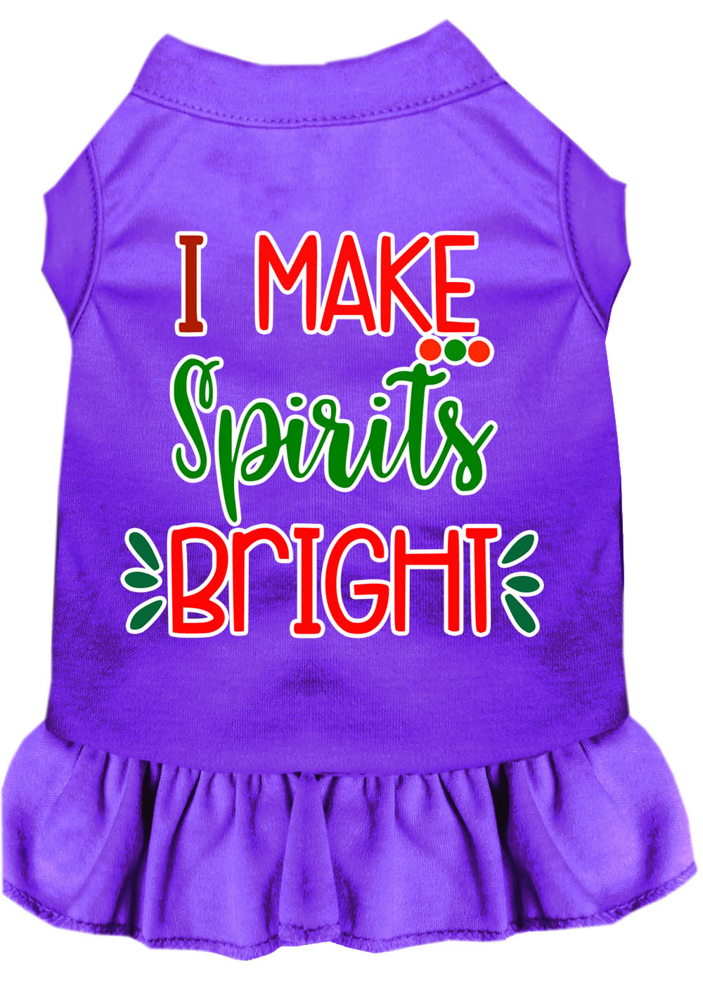 A festive Christmas dress for dogs and cats, featuring the slogan 'I Make Spirits Bright' in vibrant colors, designed for comfort and style.