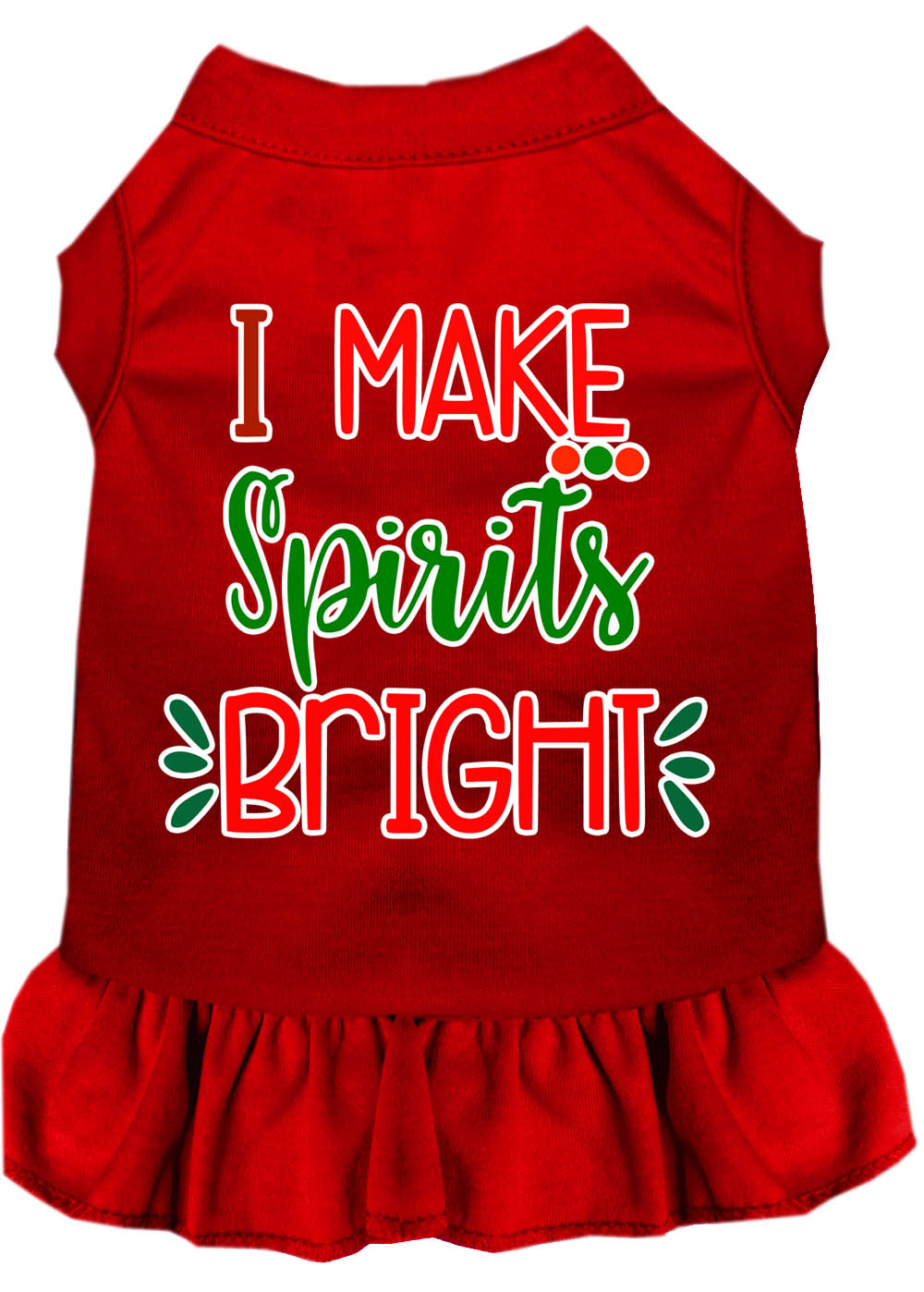 A festive Christmas dress for dogs and cats, featuring the slogan 'I Make Spirits Bright' in vibrant colors, designed for comfort and style.