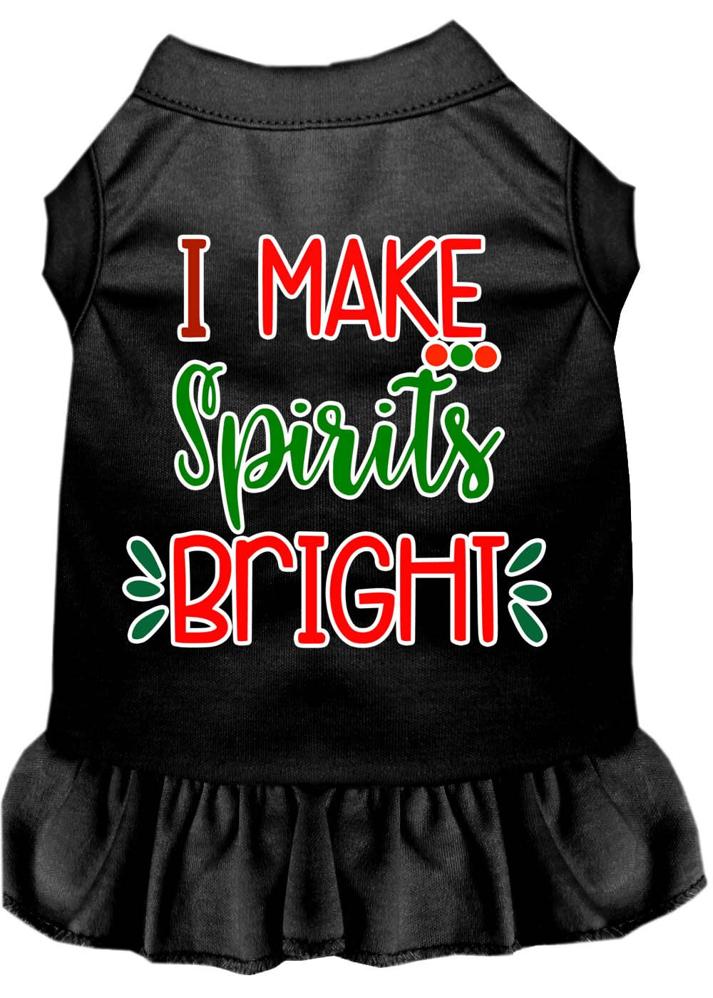 A festive Christmas dress for dogs and cats, featuring the slogan 'I Make Spirits Bright' in vibrant colors, designed for comfort and style.