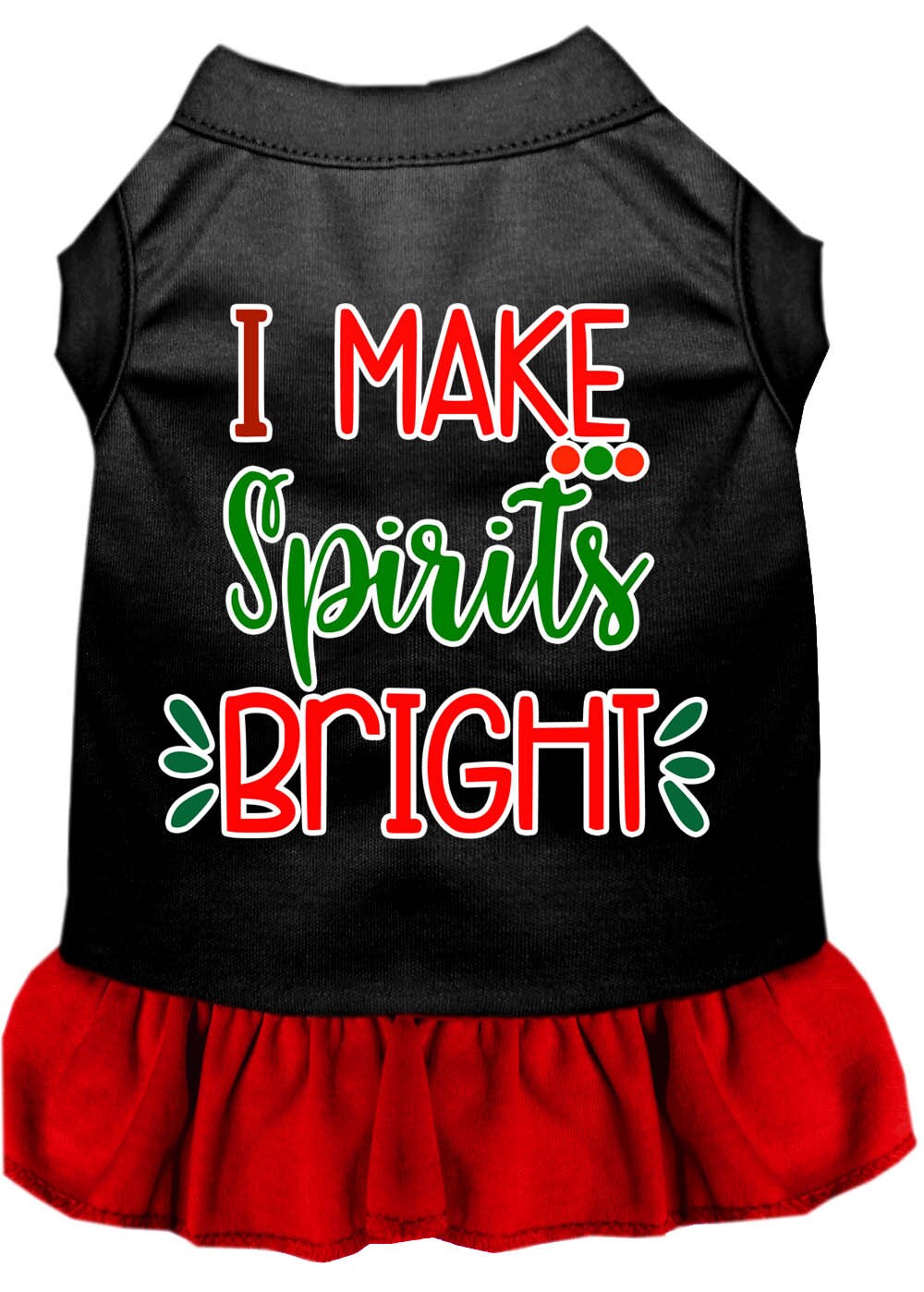 A festive Christmas dress for dogs and cats, featuring the slogan 'I Make Spirits Bright' in vibrant colors, designed for comfort and style.
