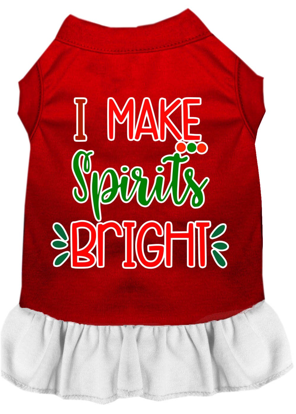 A festive Christmas dress for dogs and cats, featuring the slogan 'I Make Spirits Bright' in vibrant colors, designed for comfort and style.
