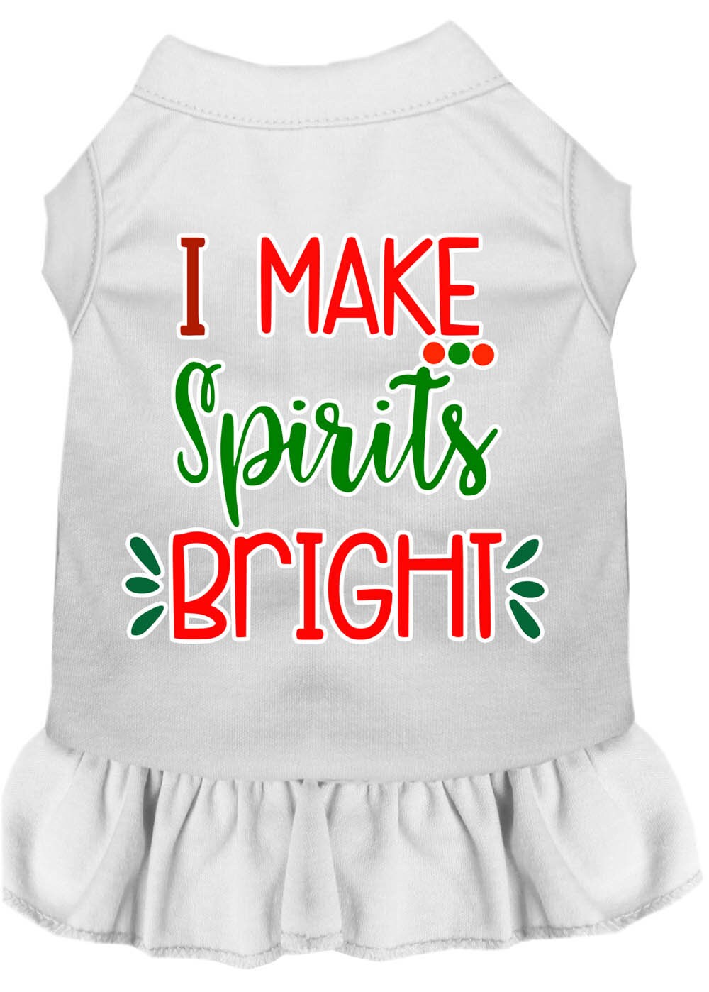 A festive Christmas dress for dogs and cats, featuring the slogan 'I Make Spirits Bright' in vibrant colors, designed for comfort and style.