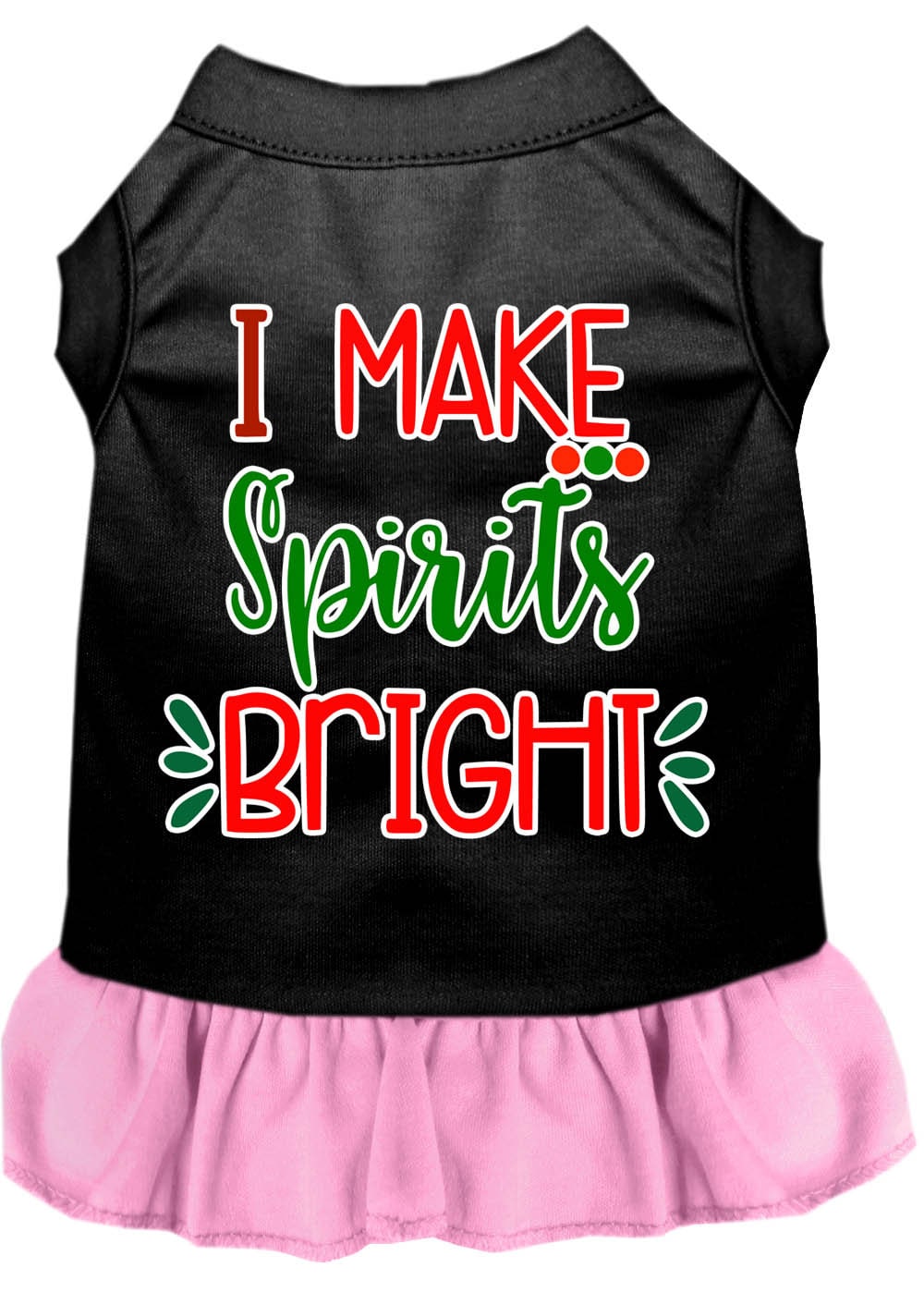 A festive Christmas dress for dogs and cats, featuring the slogan 'I Make Spirits Bright' in vibrant colors, designed for comfort and style.