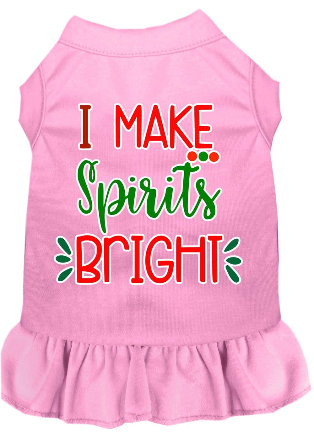 A festive Christmas dress for dogs and cats, featuring the slogan 'I Make Spirits Bright' in vibrant colors, designed for comfort and style.