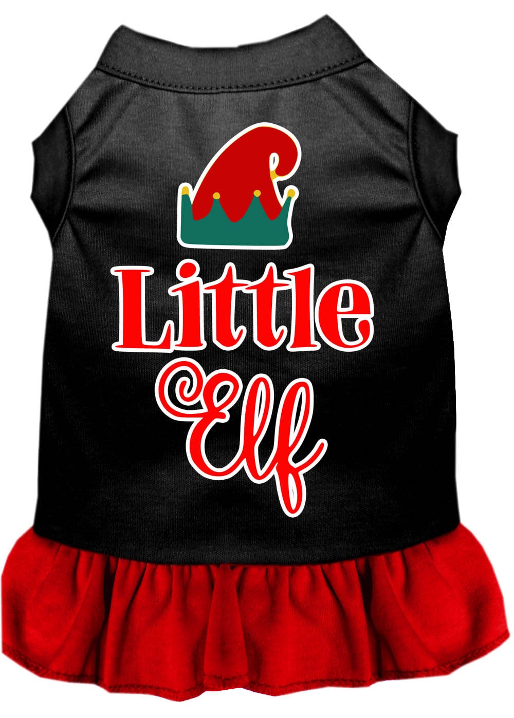 A cute Christmas dress for dogs and cats, featuring a screen printed 'Little Elf' design, made from soft and durable fabric.