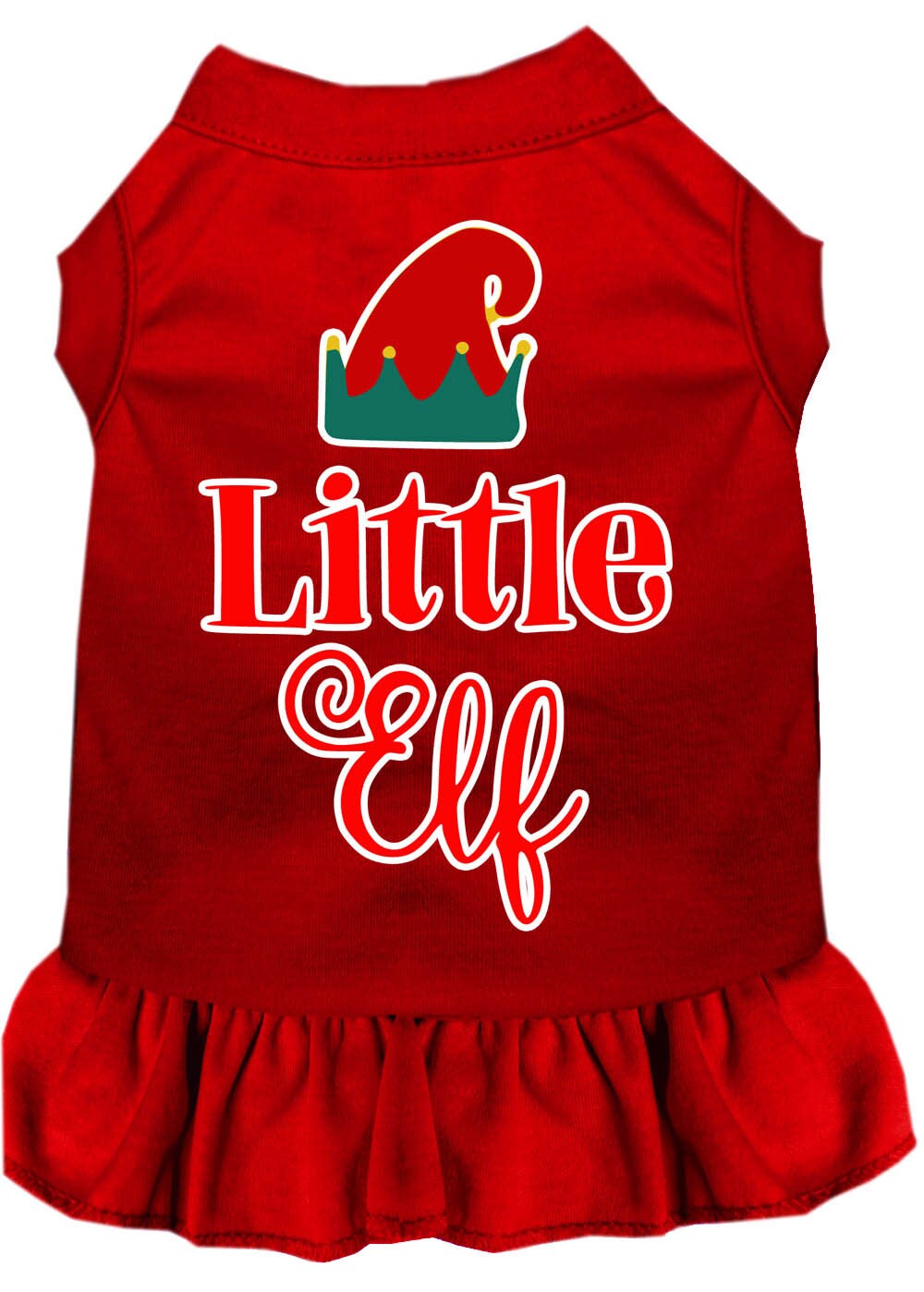 A cute Christmas dress for dogs and cats, featuring a screen printed 'Little Elf' design, made from soft and durable fabric.