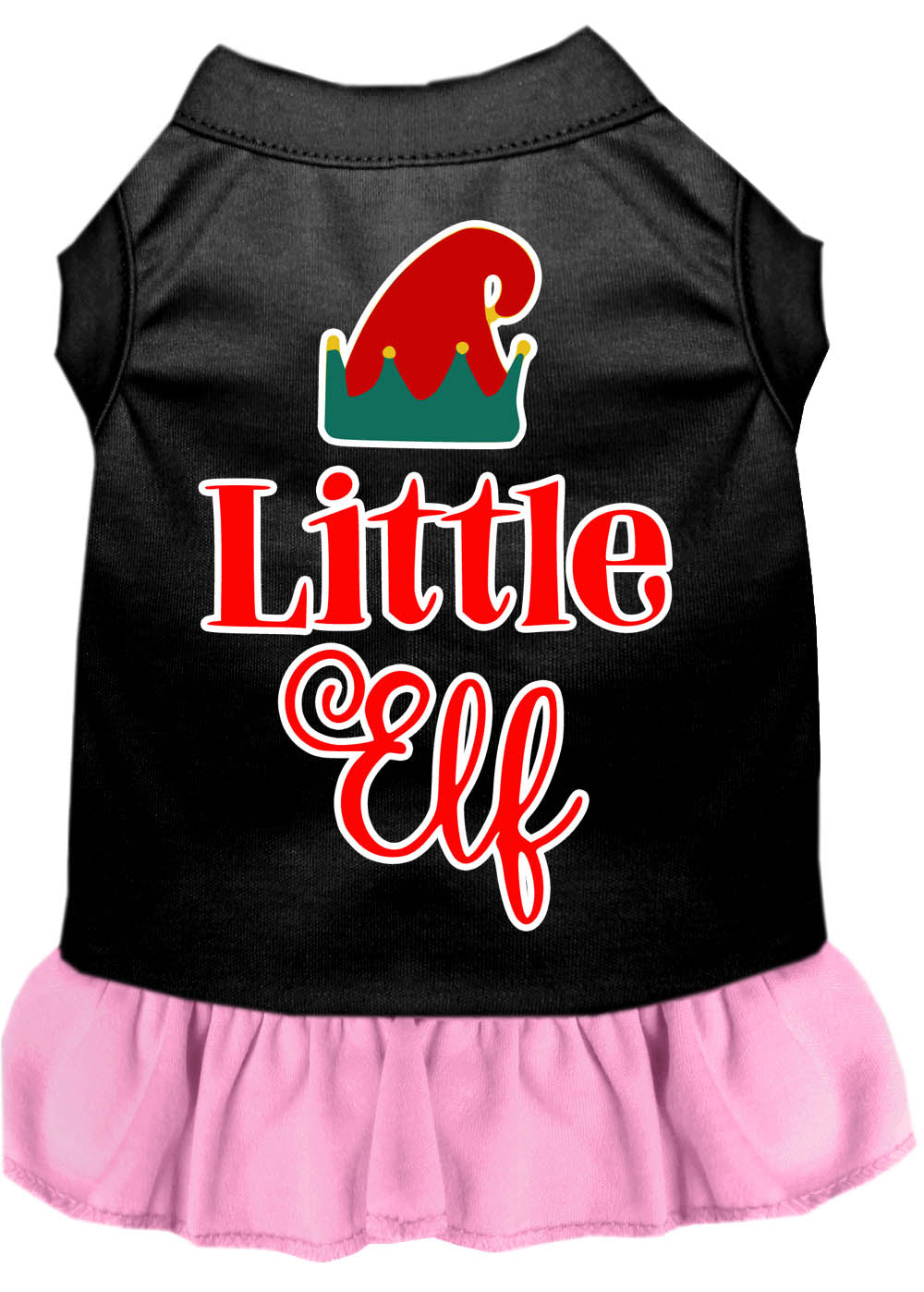 A cute Christmas dress for dogs and cats, featuring a screen printed 'Little Elf' design, made from soft and durable fabric.