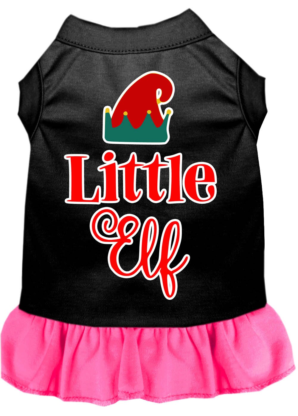 A cute Christmas dress for dogs and cats, featuring a screen printed 'Little Elf' design, made from soft and durable fabric.