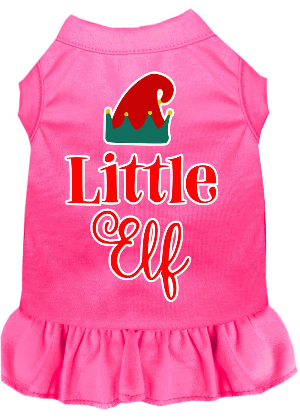 A cute Christmas dress for dogs and cats, featuring a screen printed 'Little Elf' design, made from soft and durable fabric.