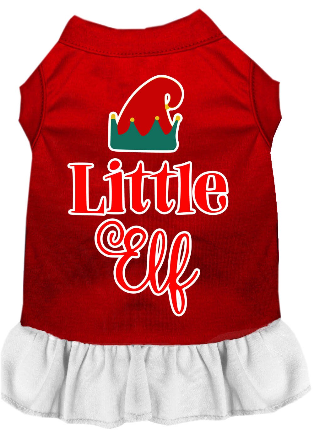 A cute Christmas dress for dogs and cats, featuring a screen printed 'Little Elf' design, made from soft and durable fabric.