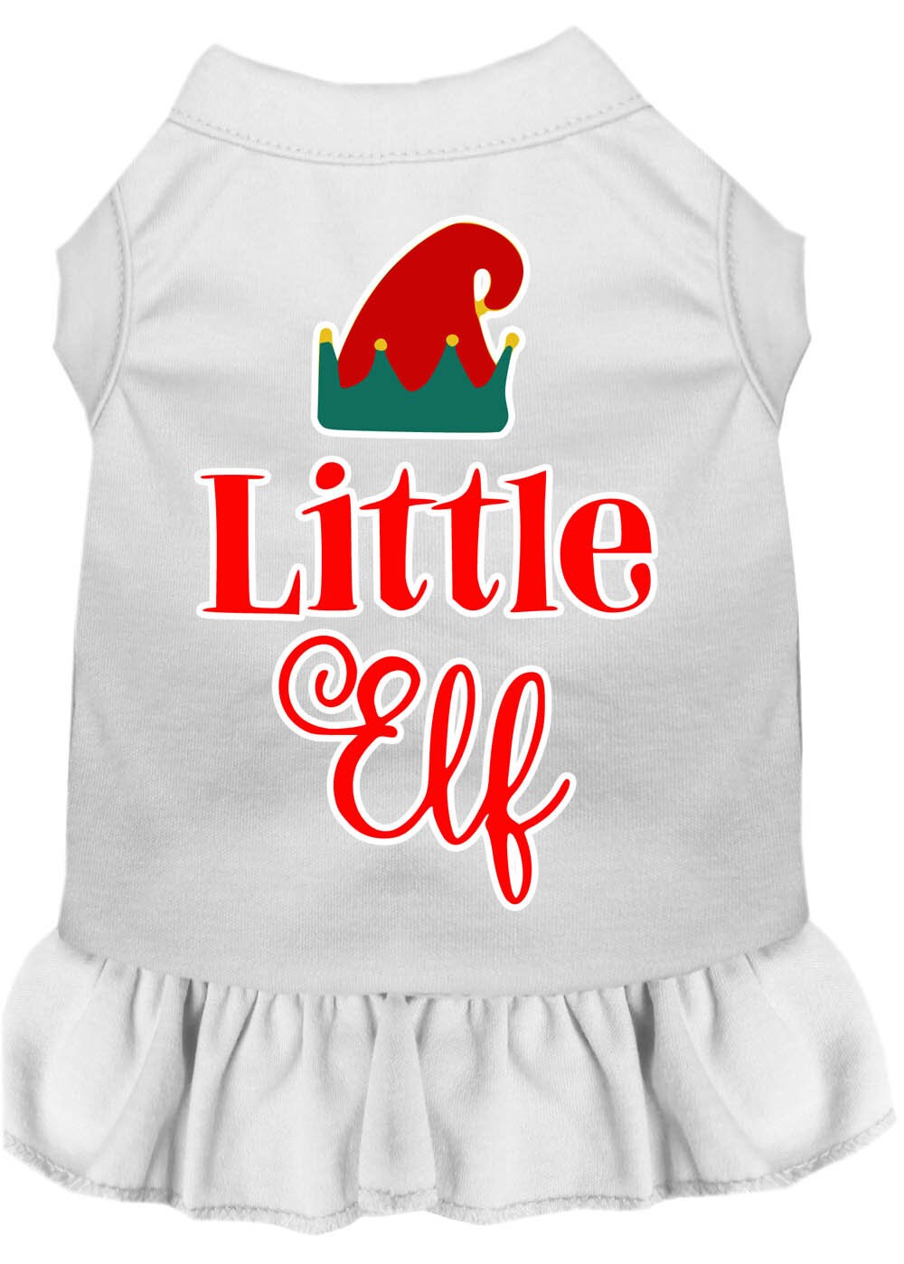 A cute Christmas dress for dogs and cats, featuring a screen printed 'Little Elf' design, made from soft and durable fabric.