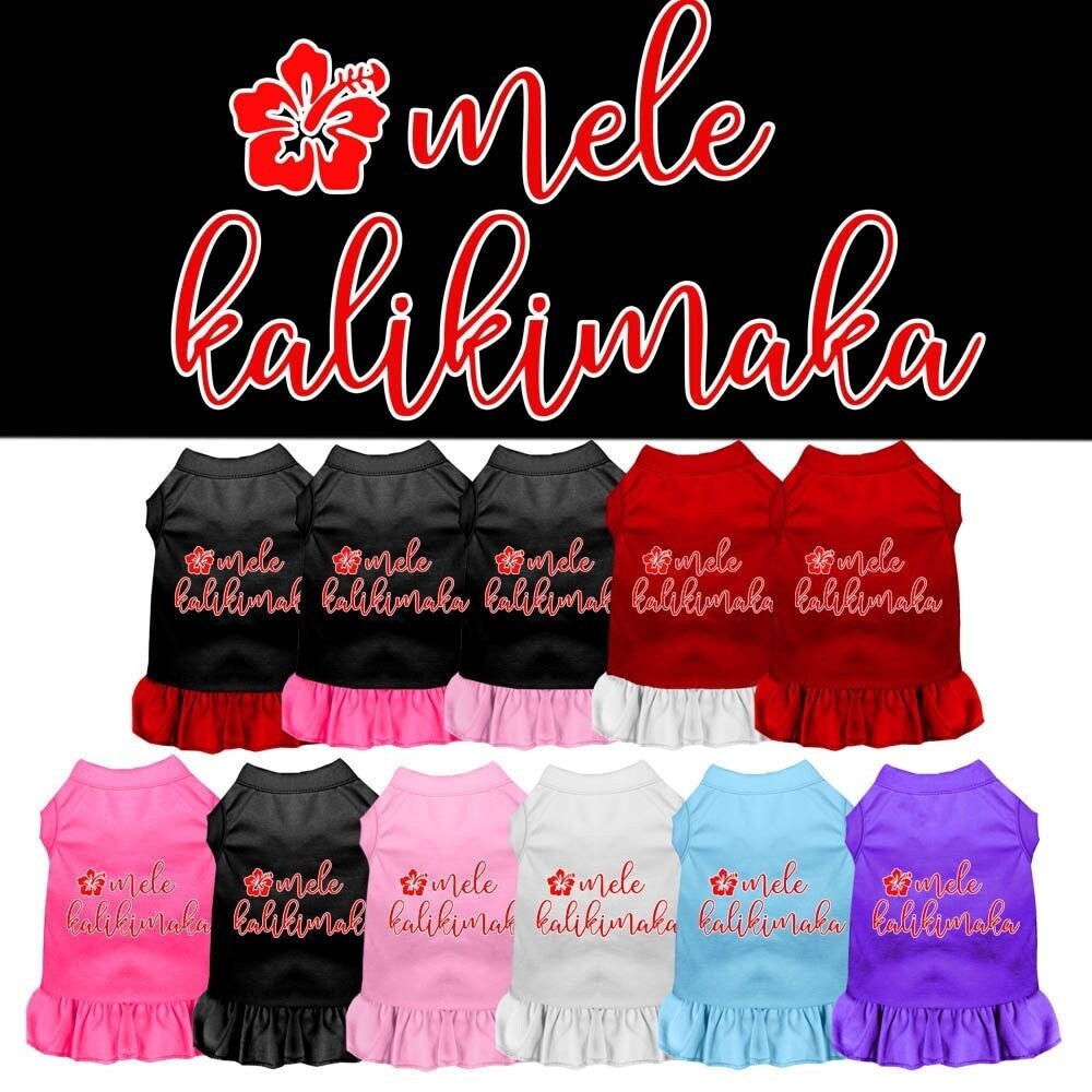 A festive Christmas dress for pets featuring the phrase 'Mele Kalikimaka', designed for dogs and cats with a soft fabric blend.