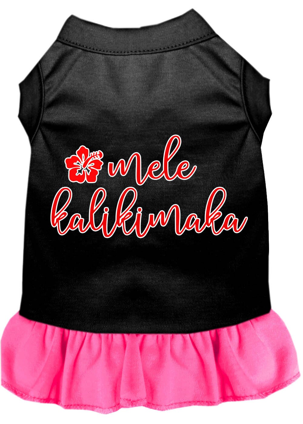 A festive Christmas dress for pets featuring the phrase 'Mele Kalikimaka', designed for dogs and cats with a soft fabric blend.