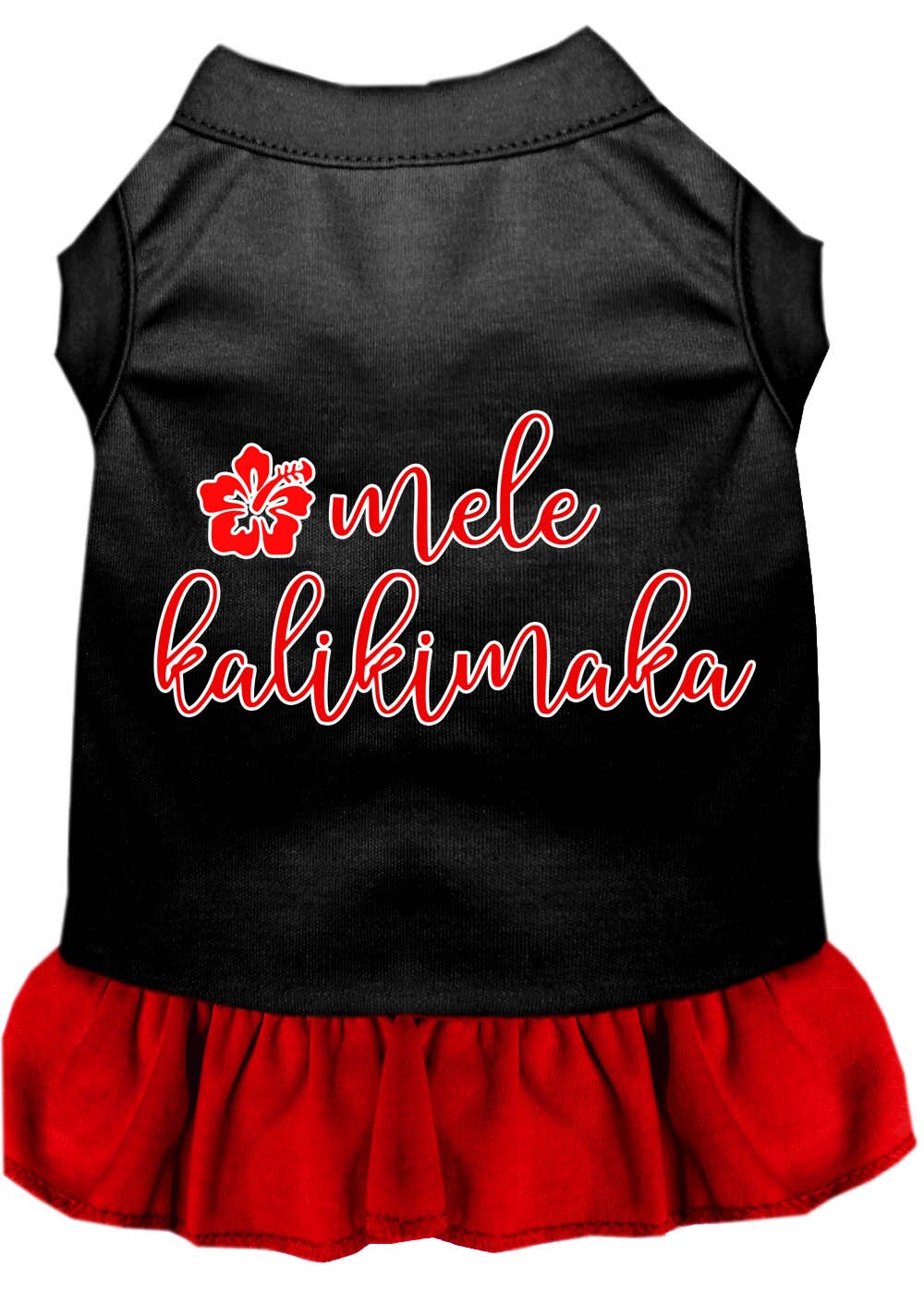 A festive Christmas dress for pets featuring the phrase 'Mele Kalikimaka', designed for dogs and cats with a soft fabric blend.