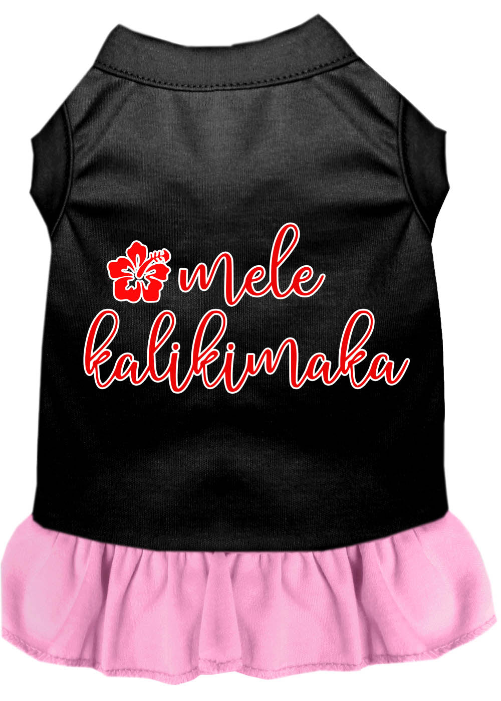 A festive Christmas dress for pets featuring the phrase 'Mele Kalikimaka', designed for dogs and cats with a soft fabric blend.