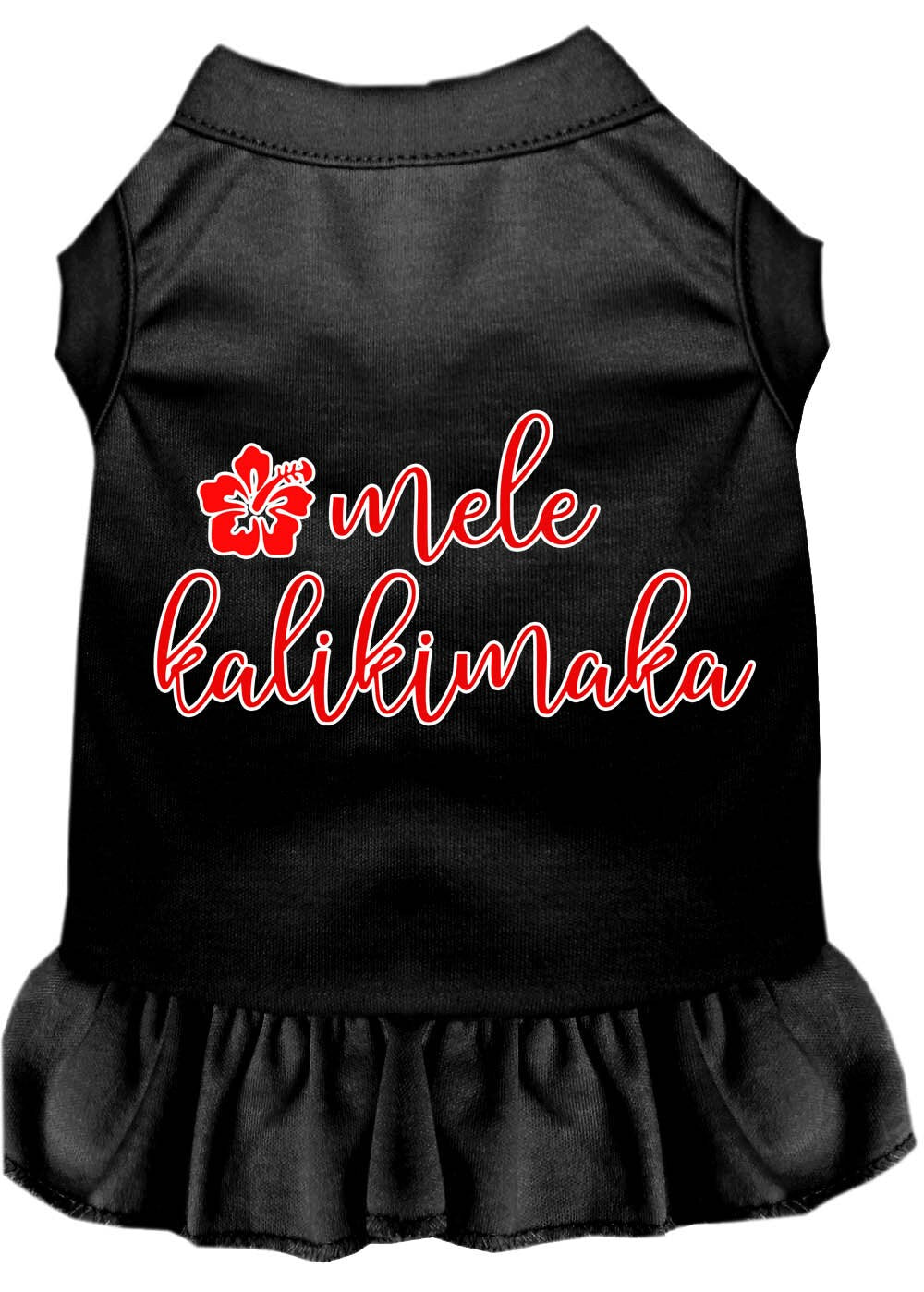 A festive Christmas dress for pets featuring the phrase 'Mele Kalikimaka', designed for dogs and cats with a soft fabric blend.