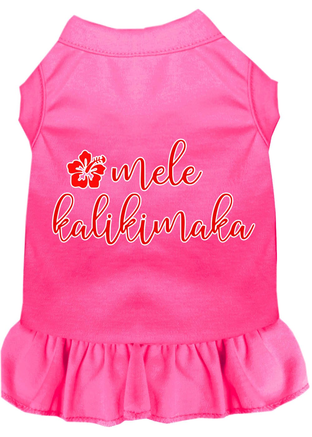 A festive Christmas dress for pets featuring the phrase 'Mele Kalikimaka', designed for dogs and cats with a soft fabric blend.