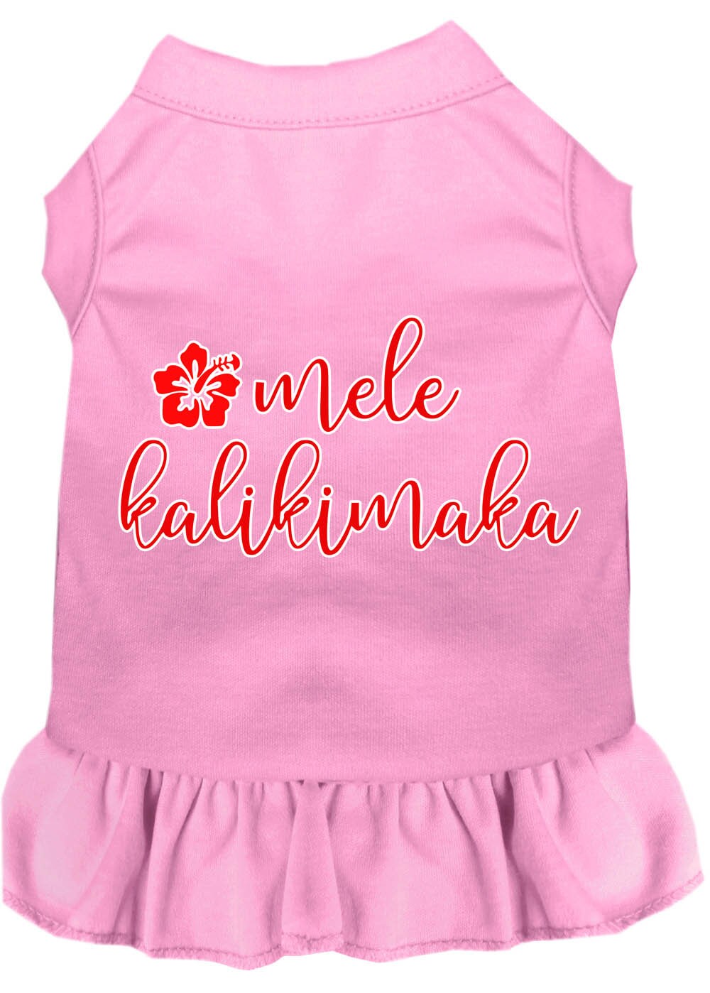 A festive Christmas dress for pets featuring the phrase 'Mele Kalikimaka', designed for dogs and cats with a soft fabric blend.