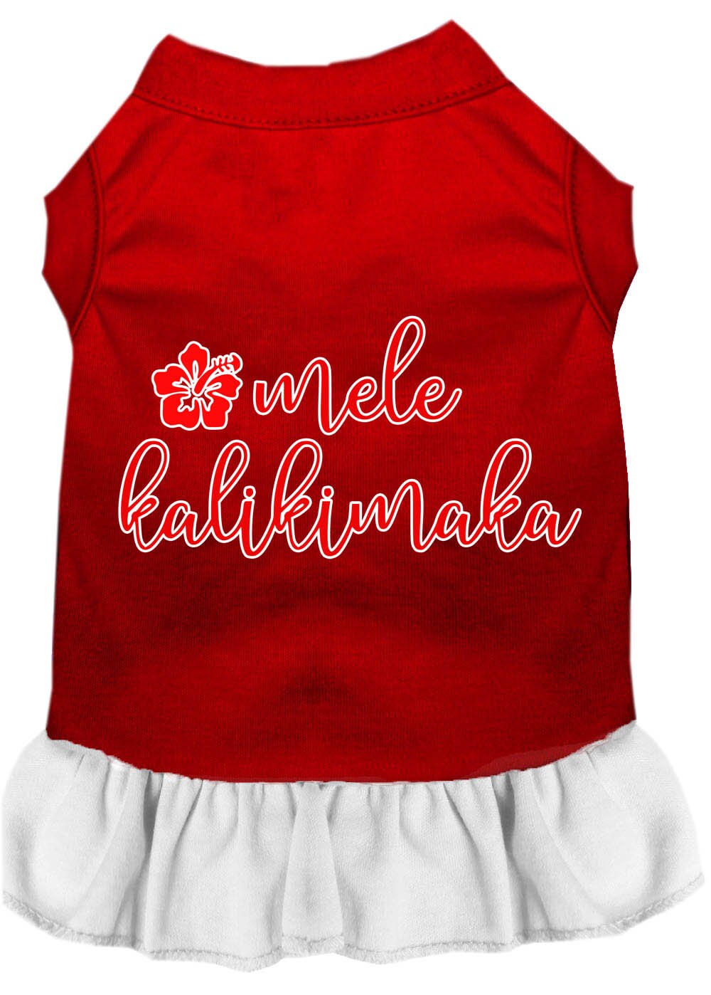 A festive Christmas dress for pets featuring the phrase 'Mele Kalikimaka', designed for dogs and cats with a soft fabric blend.