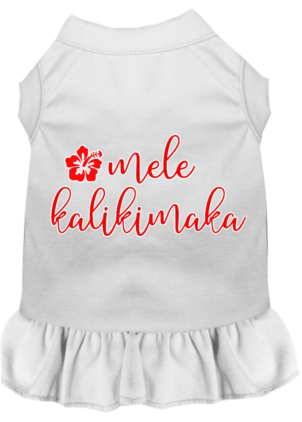 A festive Christmas dress for pets featuring the phrase 'Mele Kalikimaka', designed for dogs and cats with a soft fabric blend.
