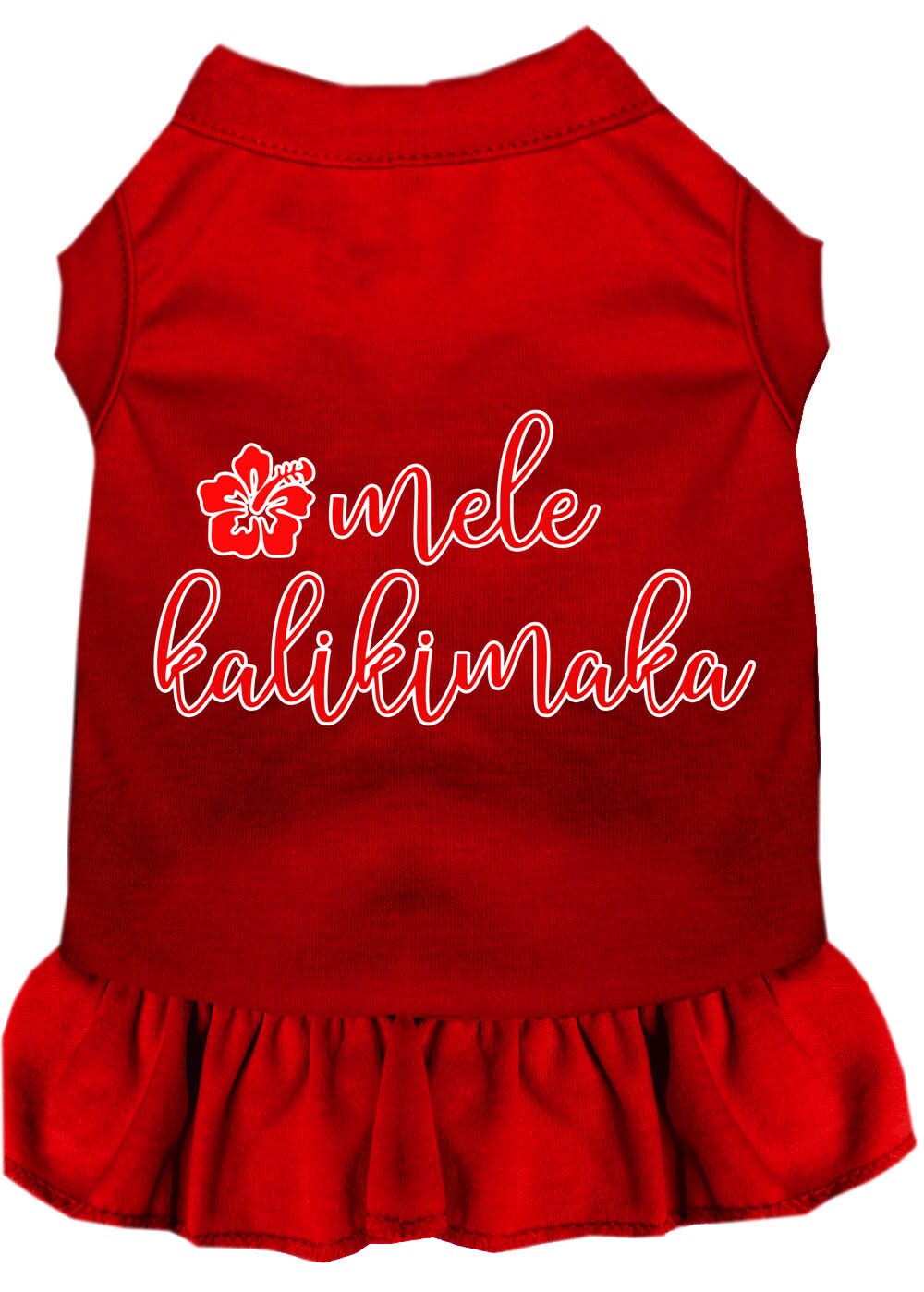 A festive Christmas dress for pets featuring the phrase 'Mele Kalikimaka', designed for dogs and cats with a soft fabric blend.