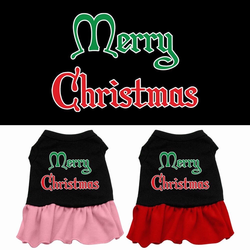 A festive Christmas dress for pets, featuring a screen printed 'Merry Christmas' design with a cute ruffle at the bottom, perfect for dogs and cats.