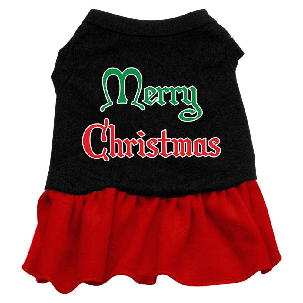 A festive Christmas dress for pets, featuring a screen printed 'Merry Christmas' design with a cute ruffle at the bottom, perfect for dogs and cats.
