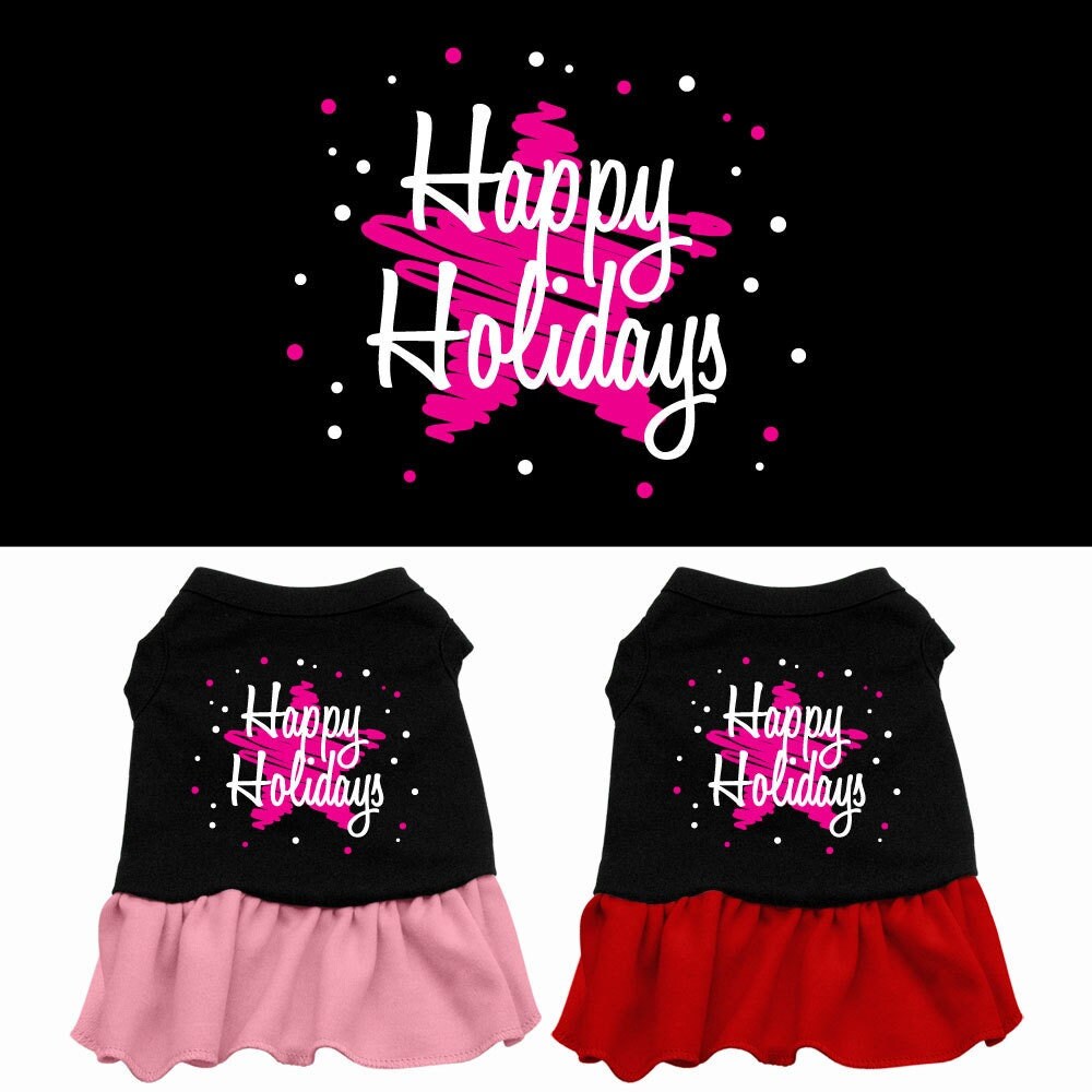 A festive Christmas dress for dogs and cats featuring a 'Scribble Happy Holidays' print with a cute ruffle at the bottom.