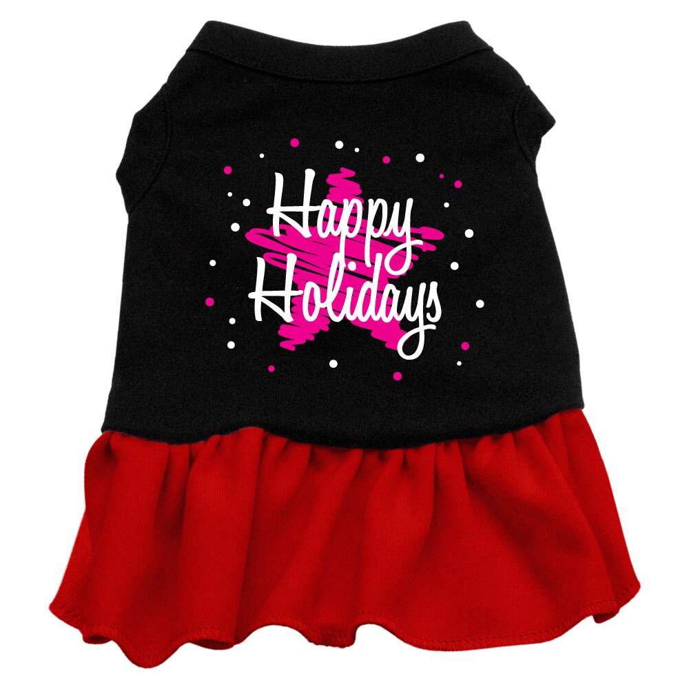 A festive Christmas dress for dogs and cats featuring a 'Scribble Happy Holidays' print with a cute ruffle at the bottom.