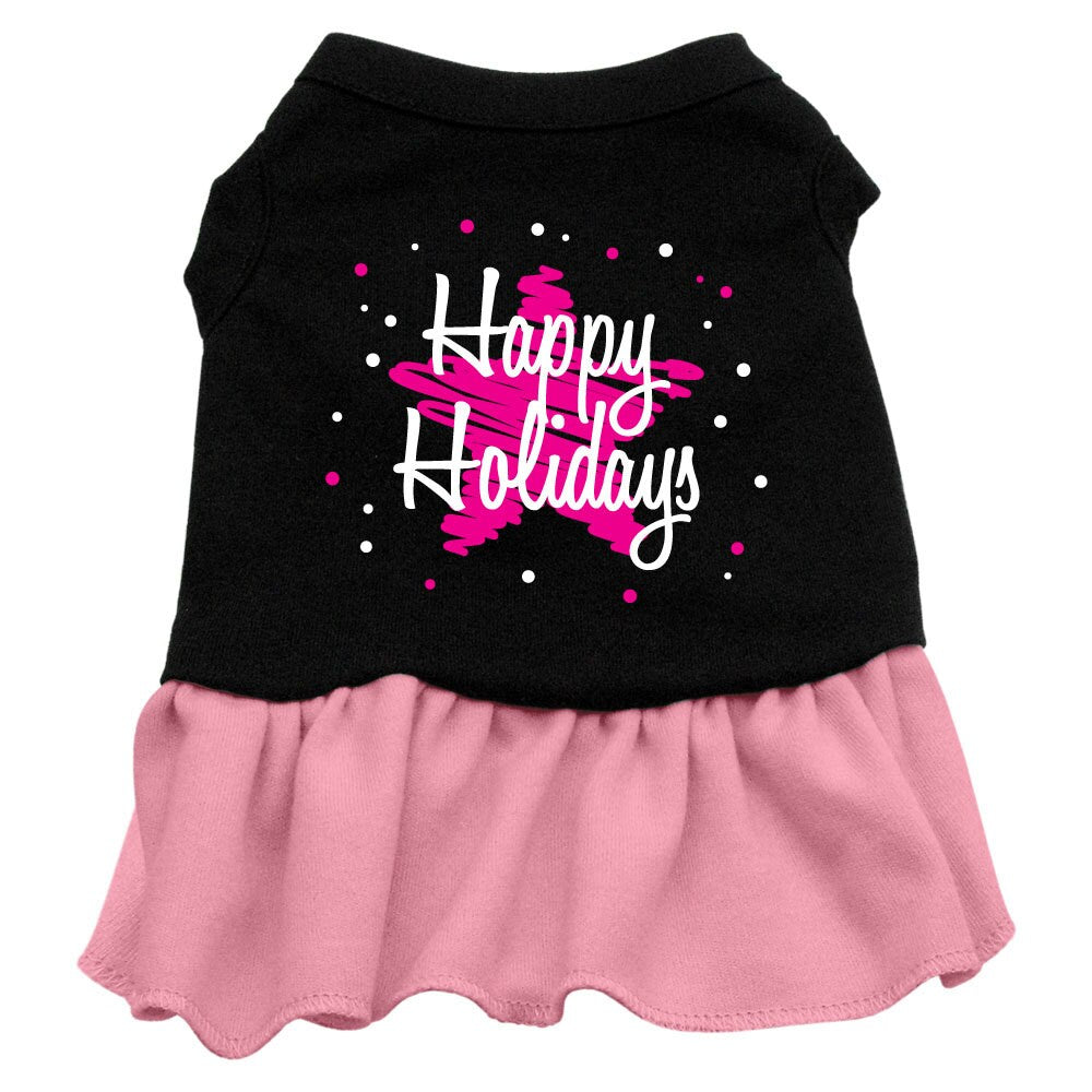 A festive Christmas dress for dogs and cats featuring a 'Scribble Happy Holidays' print with a cute ruffle at the bottom.