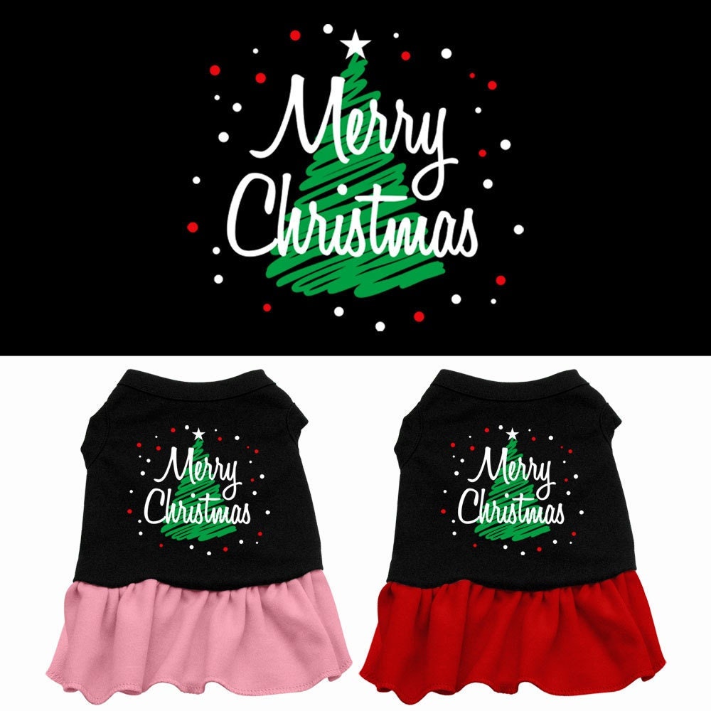 A festive Christmas dress for dogs and cats featuring a 'Scribble Merry Christmas' print, made from soft cotton-polyester blend.