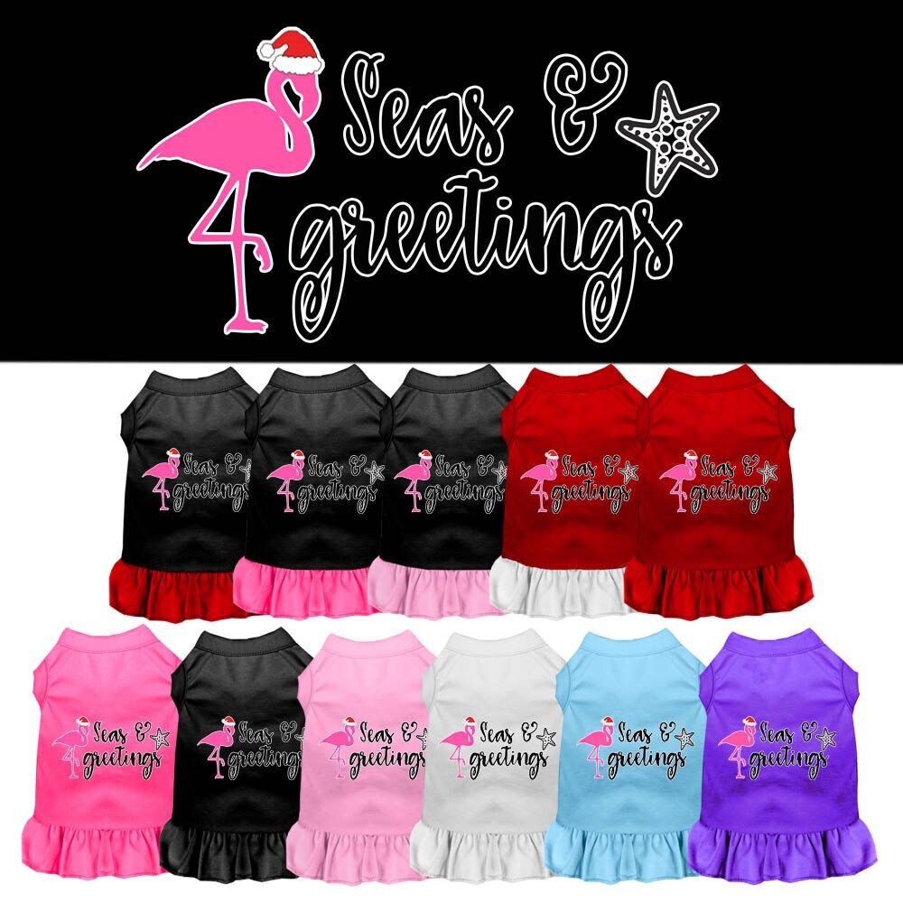 A festive Christmas dress for dogs and cats, featuring the phrase 'Seas and Greetings' in a vibrant print, perfect for holiday celebrations.