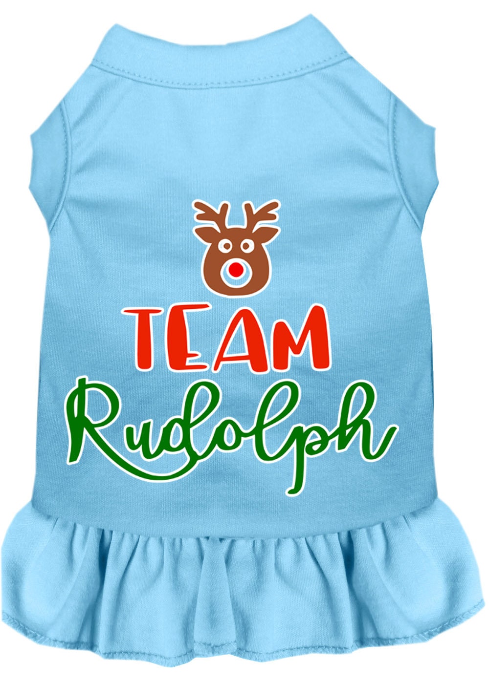 A cute Christmas dress for dogs and cats featuring a 'Team Rudolph' screen print, made from soft cotton-polyester blend fabric.