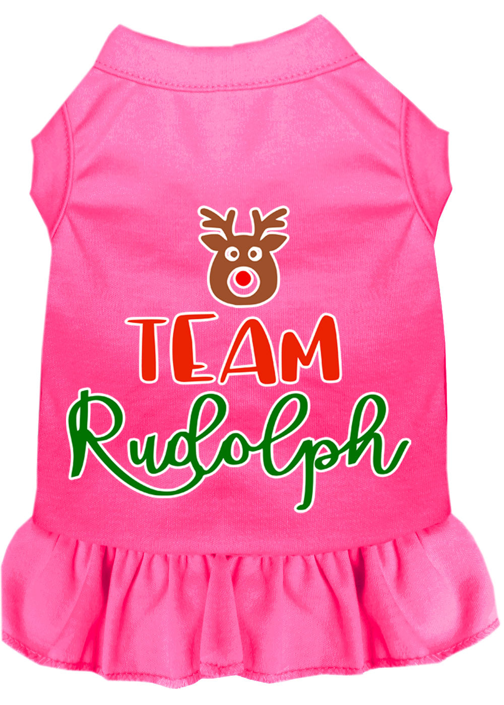 A cute Christmas dress for dogs and cats featuring a 'Team Rudolph' screen print, made from soft cotton-polyester blend fabric.